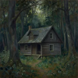 a painting of a eerie cabin in the middle of the woods in the style of alice bailly