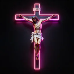 highly detailed jesus christ crucified on neon cross, octan render, shadows, reflections, digital painting, realistic, neon lights, black background, very bright neon colors, fluorescent, anatomically correct body