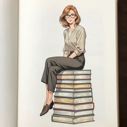 a woman with light brown hair and glasses sitting on top of a tall pile of books. well composed, clean elegant coloring book page, beautiful detailed face. comic book line art by steve ditko and jack kirby and alphonse mucha