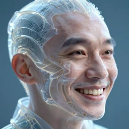 hyperrealistic close-up translucent intricate exoskeleton!! smiling chinese man covered highly detailed concept art eric zener elson peter cinematic side soft blue light high angle hd 8k sharp shallow depth of field