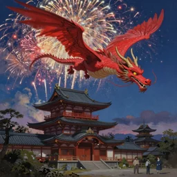 Stunning Portrait scene of A Red dragon flying above a Feudal Japan temple during a fireworks festival at night by Kim Jung Gi. Blizzard Concept Art Studio Ghibli. oil paint. 4k. by brom, Intense fireworks by Ross Tran, Greg Rutkowski, Mark Arian, soft render, octane, highly detailed painting, artstation