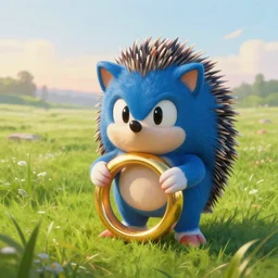 a cute face blue hedgehog holds a large gold ring, beautiful grassland, early morning hours, long shadows, extremely detailed, fantasy painting, by jean - baptiste monge!!!!