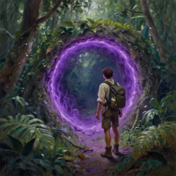 an oil painting of an explorer finding a purple glowing portal in the jungle, fantasy