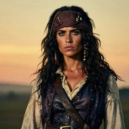 an award winning outdoors portrait photo of brown skin tanned caterina murino wearing pirate vest as a 1 7 0 0 s dirty caribbean olive tanned pirate with black silk hair, slightly big nose defined jaw, very beautiful, smug face, blue eyes, wearing a vest and short coat, sunset, movie color graded