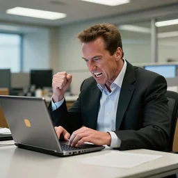 arnold schwarzenegger as conan the barbarian sitting at a desk, as an office worker, in an office, inside an office building, sitting at a desk, angrily shouting at a laptop, angry at laptop, computer trouble, technical difficulties, software error, crisp lighting, laptop, laptop