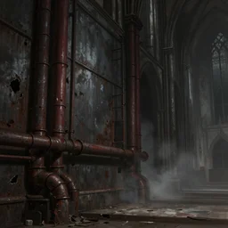 a matte painting of the interior of a gothic church, digital painting, concept art, rusty metal walls, broken pipes, dark colors, muted colors, red colors, tense atmosphere, church cathedral, mist floats in the air, amazing value control, muted colors, moody colors, dramatic lighting, cinematic lighting, sharp focus