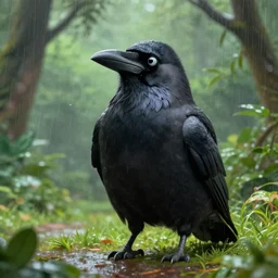 a big friendly jungle crow in a park in a rainy day, digital painting, ultra detailed, unreal engine 5