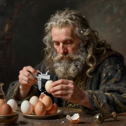 Pensive Wizard examines eggs with calipers, by  Jakub Rozalski