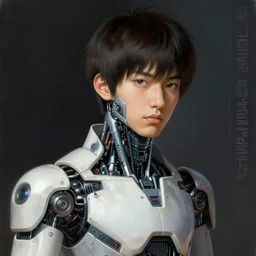 portrait of a young male japanese cyberpunk android with robot and cyborg parts, artwork by adolph menzel, star wars production design