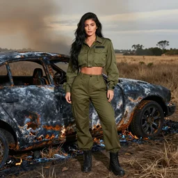 Kylie Jenner, outfit: army, standing in a field. Burnt car nearby. Photo