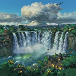 a vast ancient waterfall city with fireflies biodome terraria at night, nostalgic cummulonimbus clouds by hayao miyazaki, makoto shinkai, moebius!, oliver vernon, joseph moncada, damon soule, manabu ikeda, kyle hotz, dan mumford, by kilian eng
