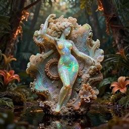 iridescent opal sculpture made of opal, moody, warm tones, water reflection, opalescent lush tropical forest with flowers, backlit : : dan mcpharlin, daniel merrian : : ornate, dynamic, particulate, rich colors, intricate, elegant, highly detailed, centered, artstation, smooth, sharp focus, octane render