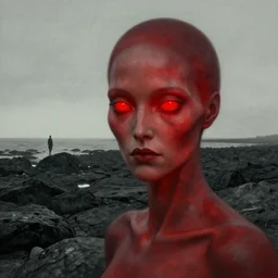 face portrait, rocky shore, alien woman, glowing red, by edgar maxence and ross tran, zdzisław beksinski, and michael whelan, distant, gustav dore, h. r. giger, 8 k, octane render