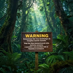 a warning sign board in middle of a dense mystic jungle, breathtaking lights shining, 4k, by thomas kinkade