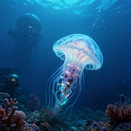 bioluminescent cyberpunk siphonophore, deep sea diver, extreme light, distant cyberpunk atlantis, organic, bio domes, coral, deep ocean, robotic, mariana trench, sun rays, midnight zone, bubbles, hyper realistic, hyper detailed, digital art, trending in artstation, studio quality, photorealistic, photo, by jesper ejsing, wlop, paul lehr