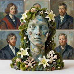 a sculpture portrait made of seaweed and coral and shells and lily, painting part by wojciech siudmak, part by ilya repin, part by max ernst, part by norman rockwell, artstation