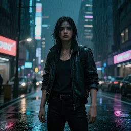 night in cyberpunk themed city , raining,neon lights ,realistic,human