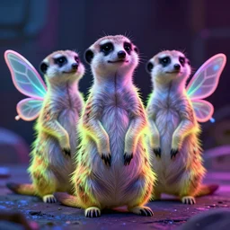 neon fluorescent, iridescent cute meerkats with fairy wings cyperpunk 2 0 7 7, unreal engine 5, 8 k ultra realistic, hyperdetailed, volumetric lighting, extremely high quality