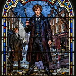 a detailed stained glass window of jared padalecki in a supernatural sherlock holmes story, 1 8 th century london in the rain, city streets, ominous, masterpiece, 8 k, art by rembrant and akira toriyama