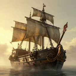 a pirate ship, low angle, cine atic, golden hour, greg rutkowski, artstation hd, mist