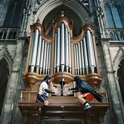 Wide angle disposable camera photograph of Gothic German cathedral organ being played by anthropomorphic crow wearing athletic clothing