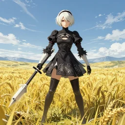a high resolution very detailed image of yorha android with stinger missile in nier : automata, in yellow rye field under blue sky
