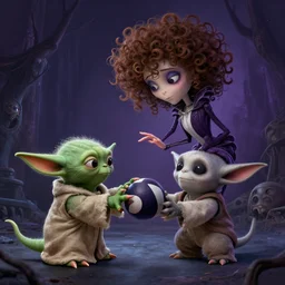 curled perspective digital art of curly brown hair girl playing ball with yoda by anton fadeev from nightmare before christmas