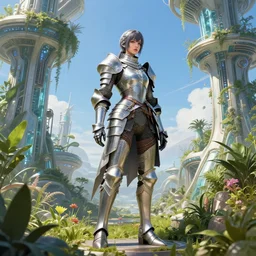 hyperdetailed female knight errant in a high tech botanical world with blue skies| pristine metals, glass and plants | solarpunk | artstation | high detail | Wayne Reynolds, Vincent Callebaut