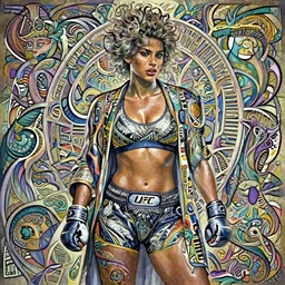 Halle Berry as a MMA/UFC fighter, passionate , seductive, sweaty,  intricate dressed in mma fighter gear and robe, insane, intricate,  highly detailed, digital painting, artstation, concept art, smooth, sharp focus, illustration, Unreal Engine 5, 8K, art by artgerm and  greg rutkowski and alphonse mucha