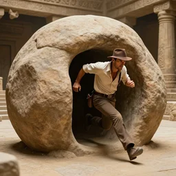 Indiana Jones running from boulder trap in ancient temple