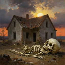 old village, broken house, skeleton corpse, oversized destroyed skull on ground, dramatic sky, ground broken, strong backlight, dramatic sunset, oil painting landscape by frazetta