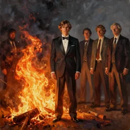 one men in suite standing alone burning on fire, norman rockwell, tim hildebrandt, mark maggiori, jeff dekal, long shot, hyperrealistic oil painting on canvas, deep depth field, cinematic composition, hyper - detailed, hdr, 8 k, 4 k
