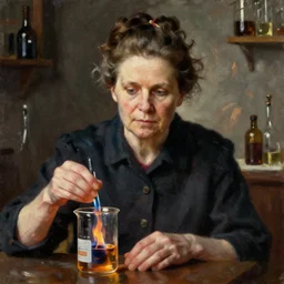 marie curie and a beaker over a flame, john singer sargent, detailed oil on canvas painting