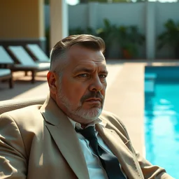 film still of shaved viktor orban dressed like columbian mob leader pablo escobar from the 8 0's, clean shaved face, sitting in a chair next to a pool, a scene from tv series narcos narcos narcos, hd, 4 k