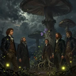 a beautiful digital illustration painting of a detailed foreboding skies fantasy fireflies and roots, dark mushroom, flowers by benoit b. mandelbrot, steven belledin, martin johnson heade, lee madgwick, caspar david friedrich, and david rios ferreira, thomas kinkade. 8 k resolution trending on artstation concept art digital illustration