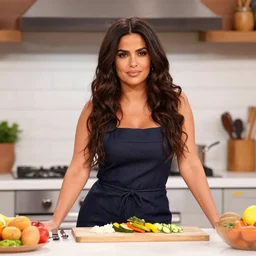 salma hayek posing for a cooking show with food, in a kitchen