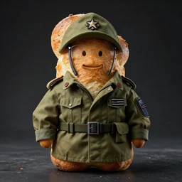 bread dressed in army clothes, dramatic bread portrait