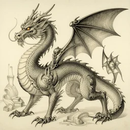 steampunk dragon, highly detailed, artstation, in the style of moebius, jugendstil and classic japanese print, art by rene magritte and jean delville