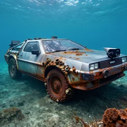 a photo of rusted barnacle covered delorean at the bottom of the ocean