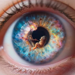 Extreme close up on an eyeball and inside the eyball there is a colorful nebula with a human fetus floating in the center