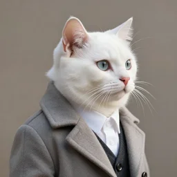 a white cat wearing a formal overcoat, hyperrealistic, concept art, octane render, unreal engine 5, trending on DeviantArt, highly detailed, high quality, 8K, soft lighting, cute, natural lighting, realistic face, trending on Artstation, elegant clothes, profile picture, path traced