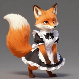 a fox fursona with a big fluffy tail!!! wearing a maid outfit, highly detailed, digital art, trending on artstation, furry art!!!