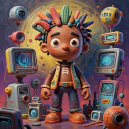 stylish 3 d vfx - drew struzan movie poster - art of an african surrounded by technology, art style by james jean & hsiao - ron cheng, unreal engine render, digital illustration, sharp, intricate detail, volumetric lighting, ray tracing, soft light, colourful, claymation style, ernie barnes style, symmetry, acrylic on canvas, pinterest, artstation, behance