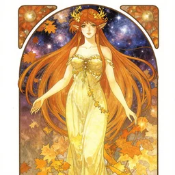 Ethereal elven goddess of autumn and galaxies. Manga artbook illustration by CLAMP and Alphonse Mucha.