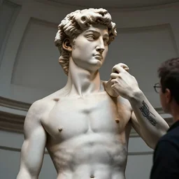 the statue david from michelangelo getting a tattoo in a famous tattoo studio