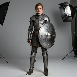 Full length photo of 1 Emma Watson as a shield maiden depicting her full body head to toe in the frame, aperture f8, 4K, HDR, studio lighting