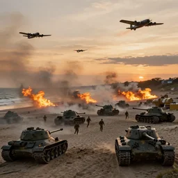 the normandy!!!!! landings, d - day, 1 9 4 5, sunset, chaos!!!, smoke, fire, soldiers charging in, airplanes bombing the beach, destroyed tanks, highly detailed, wide shot, sadness, cinematic, ultra realistic!!!, ray tracing, by greg rutkowski