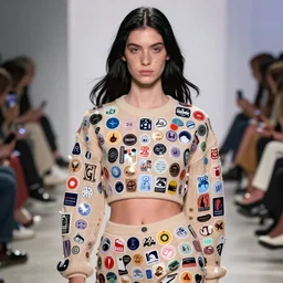 olivia wearing an outfit made of stickers, runway model at new york fashion week, normal physique, black hair, freckles, pale skin, half body shot, photo by greg rutkowski, stage lighting, soft colors, intricate detail, elegance, 3 5 mm, depth of field, masterpiece