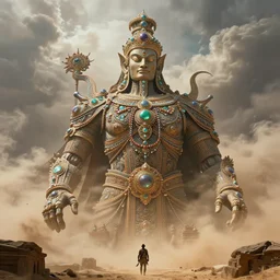 epic view of an ancient Desert surrounded by clouds, Portrait of a Giant imposing biomechanical Genie covered in jewels, ornate, Beautiful biomechanical Genie, full of strange statues and murals, full of smoke and dust, hyper real, Indiana Jones, Tomb Raider, trending on artstation, concept art, cinematic, jewels, by Greg Rutkowski
