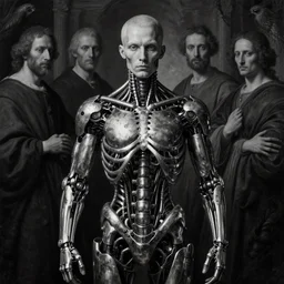 bw symmetrical portrait photo by giger of beautiful man covered with metallic biomechanical ribbed spinal tubes by hieronymus bosch, lucid dream - like heavy atmosphere, baroque painting, perfect composition, detailed octane render trending on artstation, 8 k artistic photography, volumetric cinematic perfect light, chiaroscuro, masterpiece, raphael, caravaggio, beksinski, rutkowski, beeple